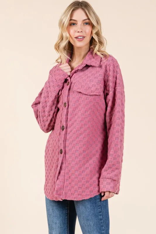 BOMBOM Checkered Button Down Dropped Shoulder Shacket - Lilixa.store