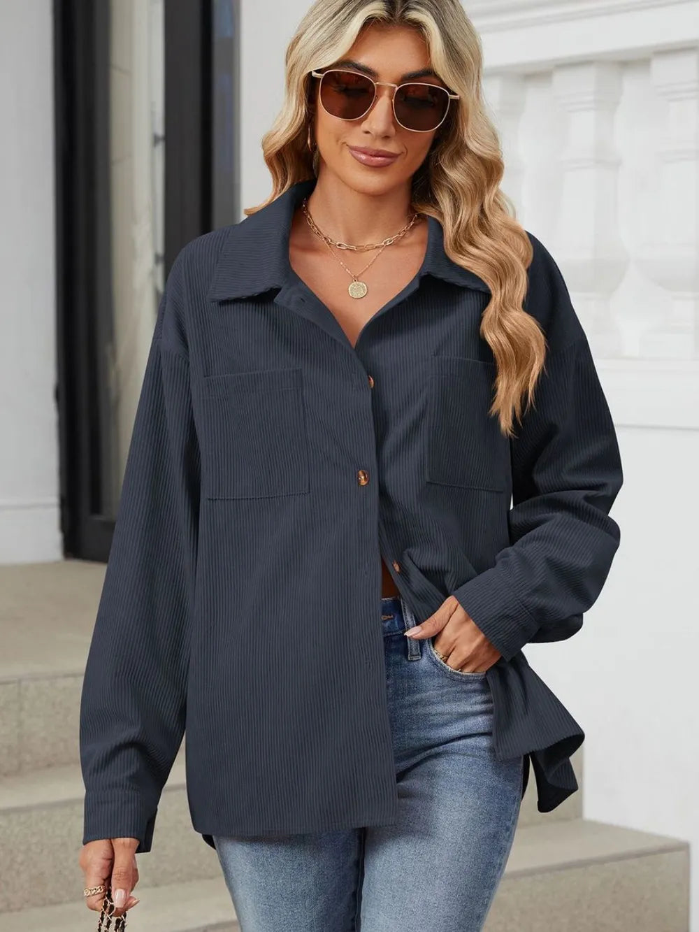 Button Up Dropped Shoulder Long Sleeve Outerwear - Lilixa.store