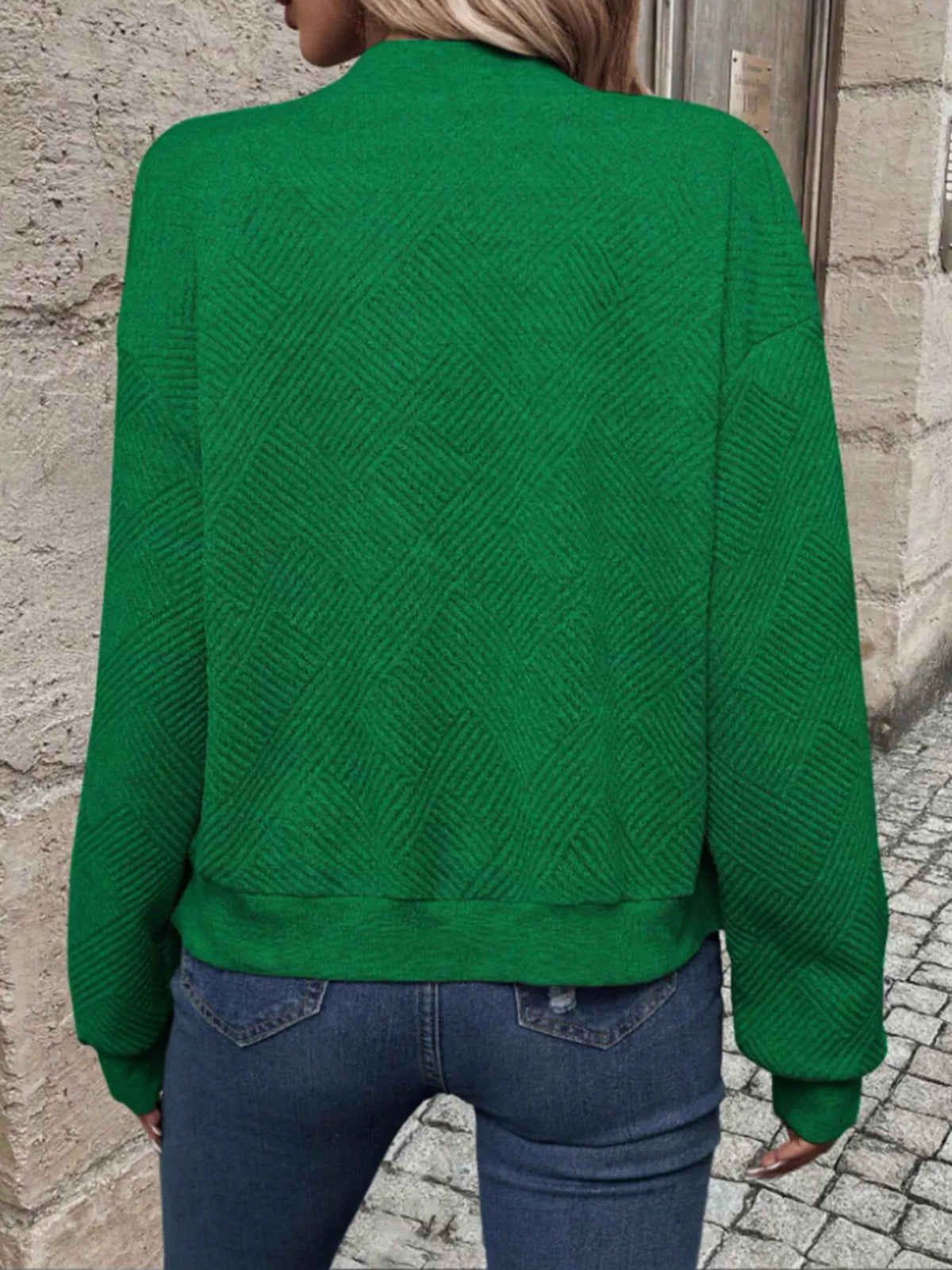 Textured Knit Zip-Up Bomber Jacket in Green