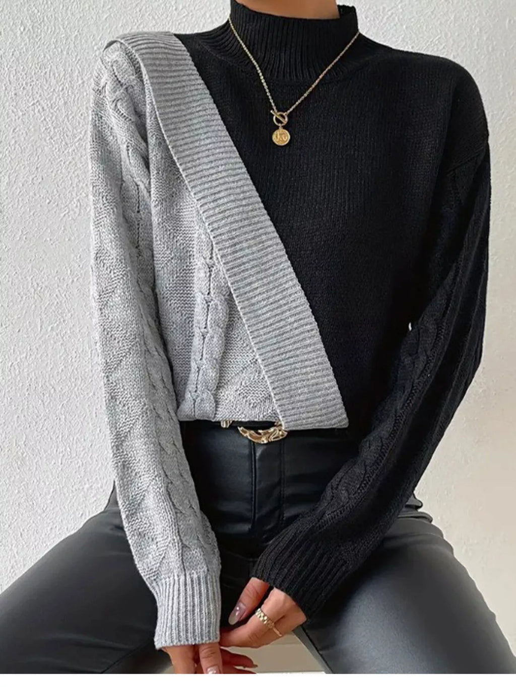 Color Block Cable Knit Mock Neck Sweater - Lilixa.store