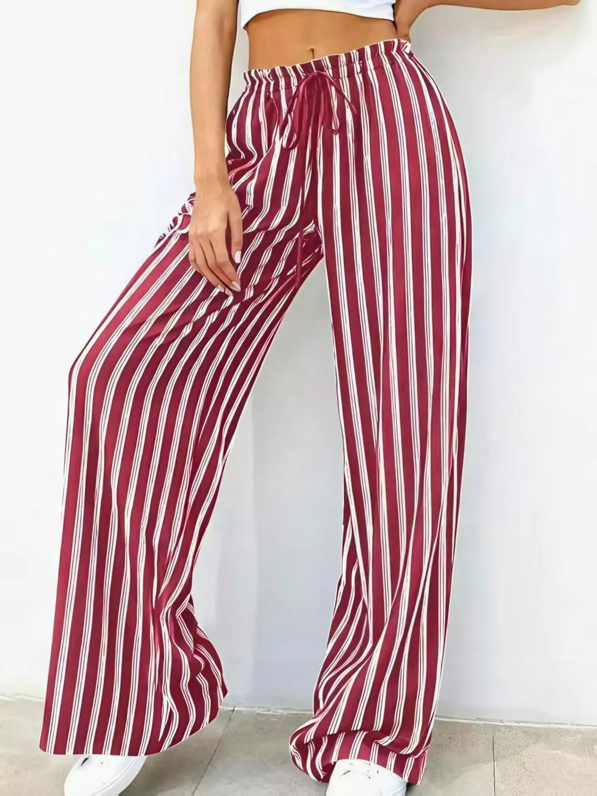 Striped Wide-Leg Drawstring Pants