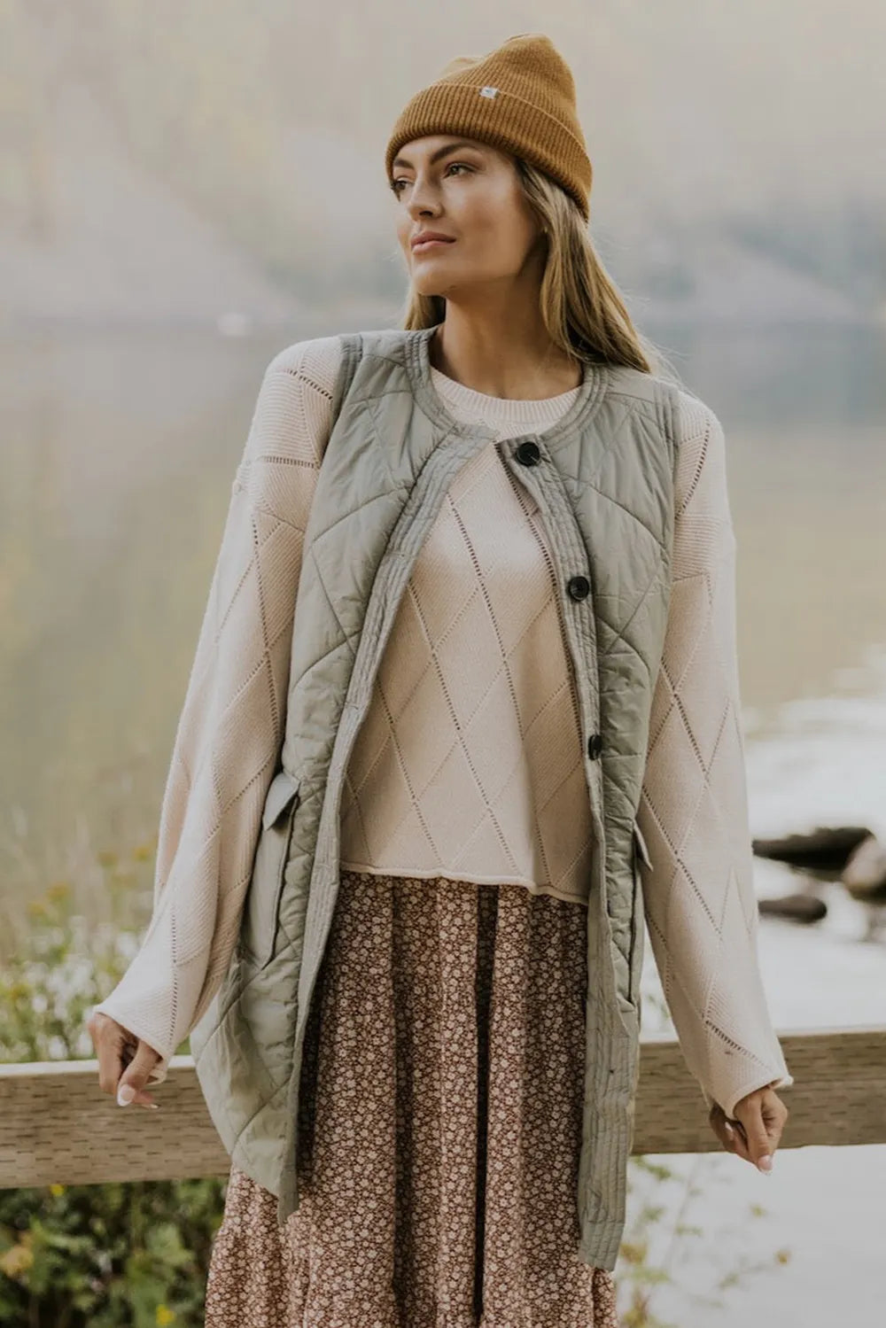 Button Up Pocketed Vest Coat in Sage, view 2