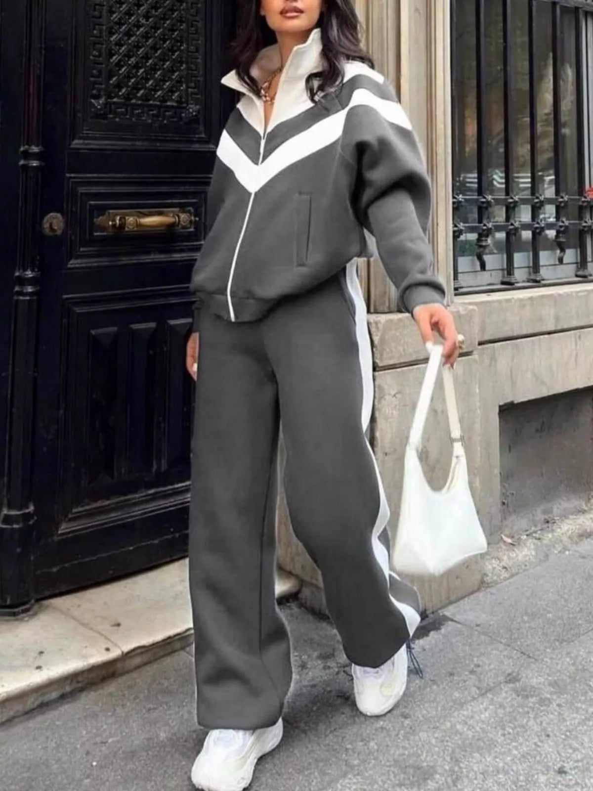 Color Block Zip-Up Outerwear and Pants Set - Lilixa.store