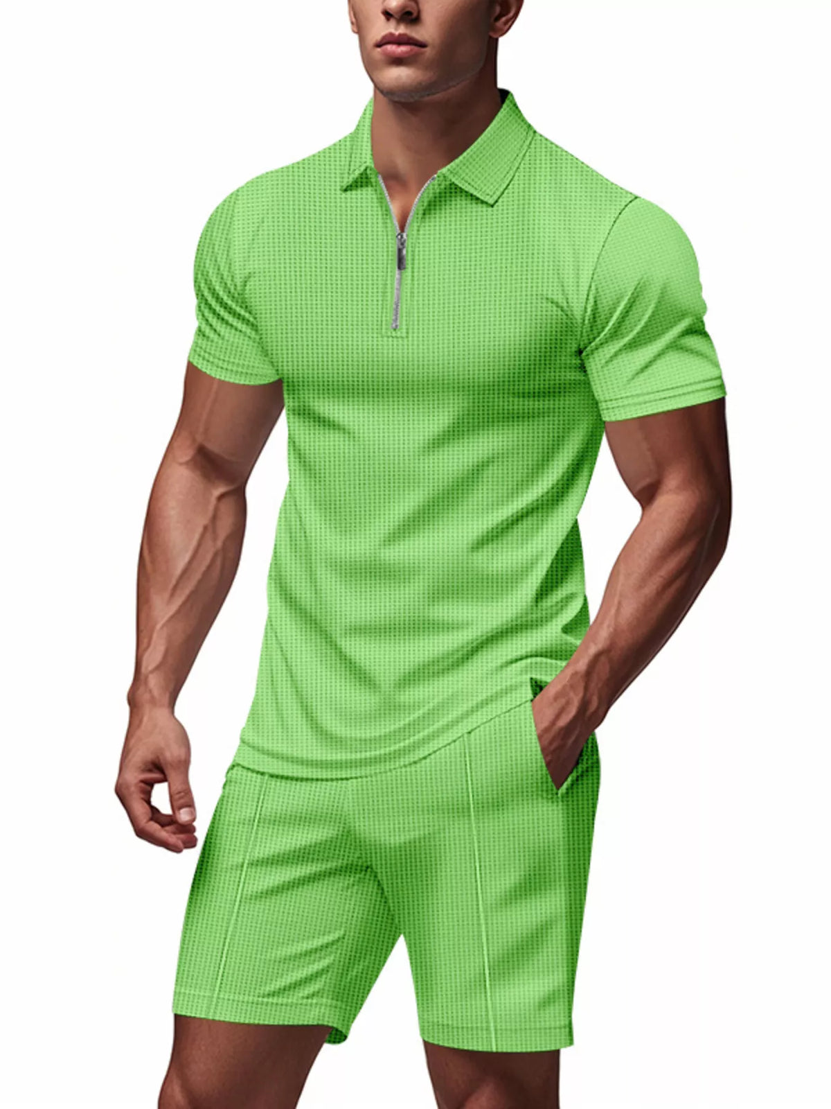 Men's Plus Size Quarter Zipper Polo Shirt and Shorts Set