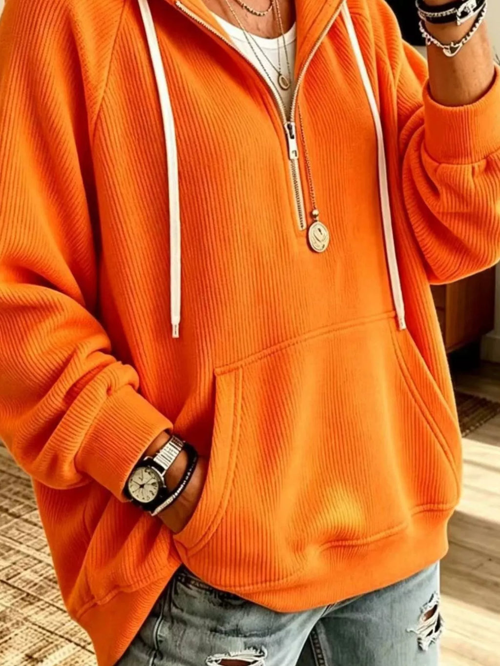 Ribbed Knit Quarter-Zip Hoodie with Kangaroo Pocket - Lilixa.store