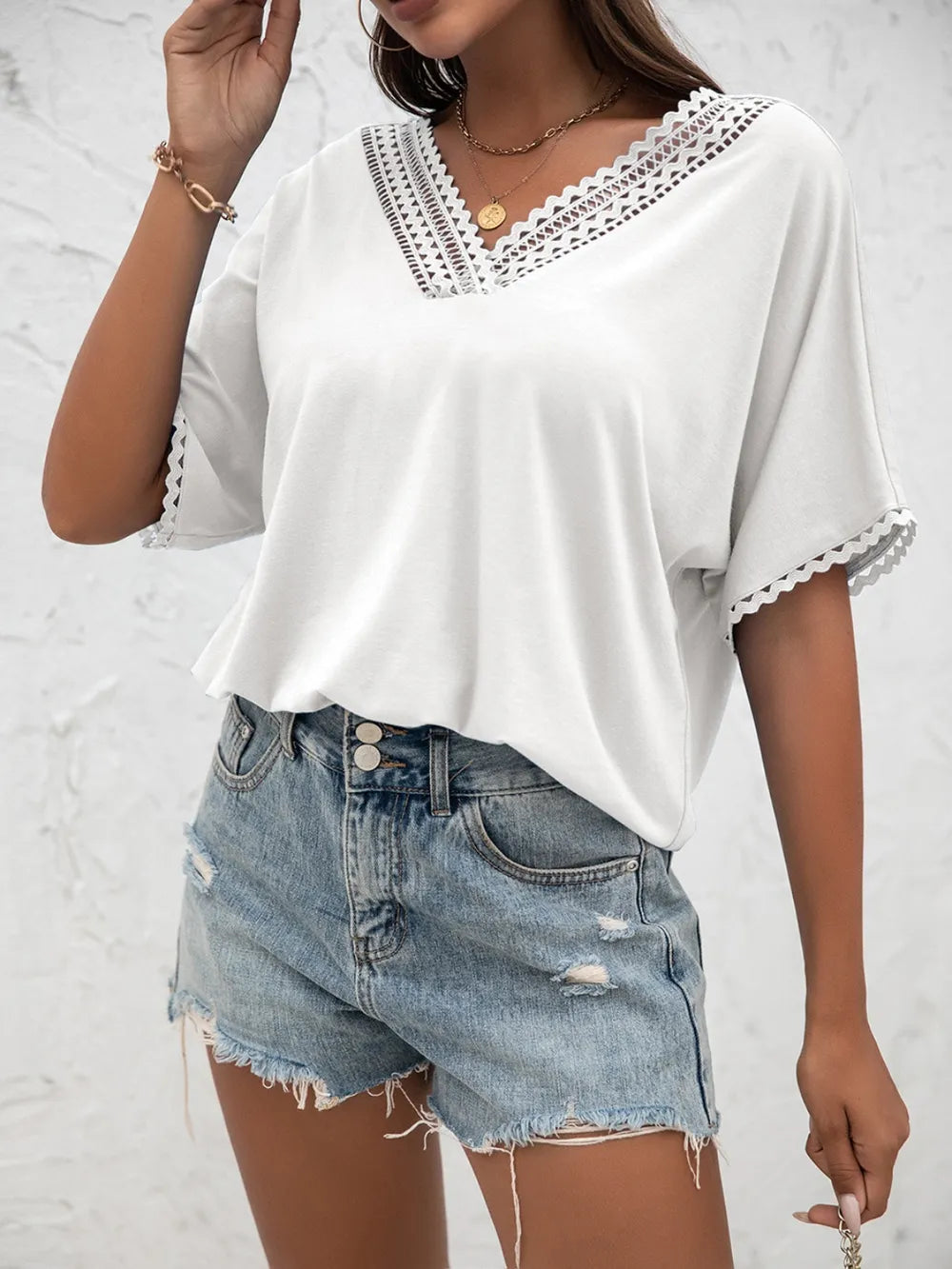 Ivy Lane Lace Detail V-Neck T-Shirt - Lilixa.store