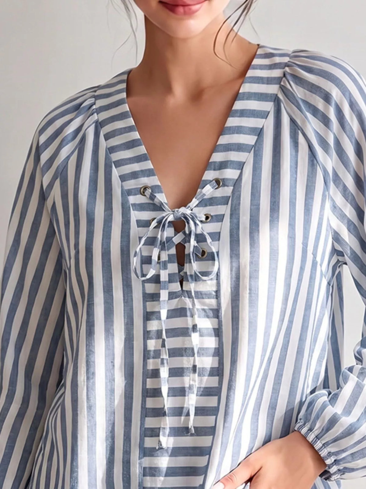 Striped Tie Front Long Sleeve Blouse - Lilixa.store