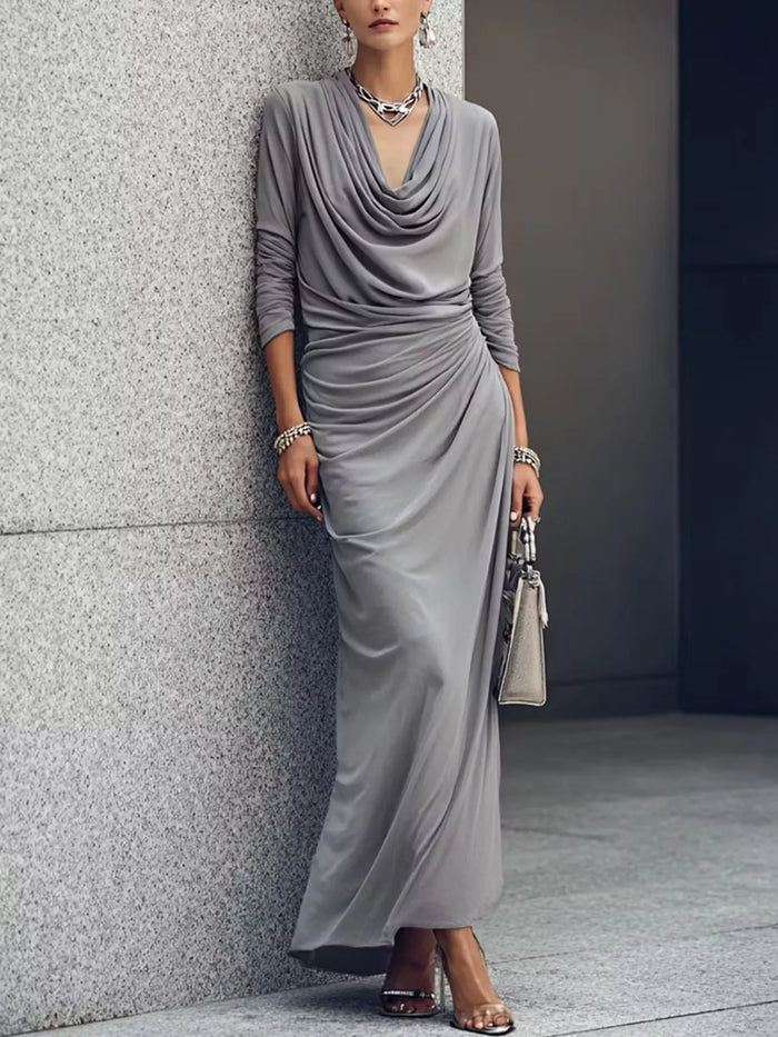 Cowl Neck Long Sleeve Maxi Dress - Lilixa.store