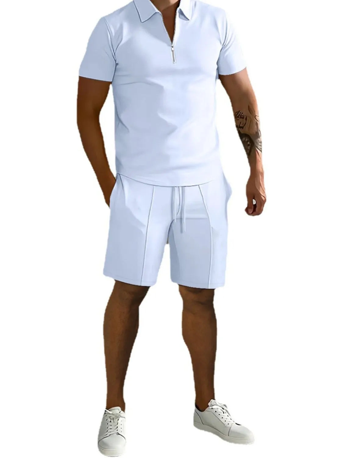 Men's Full Size Collared Neck Short Sleeve Top and Shorts Set Plus Size