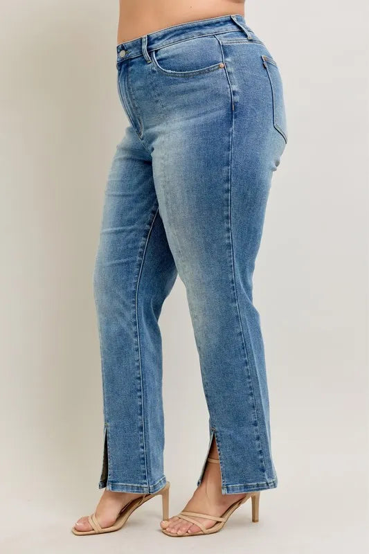 Judy Blue Full Size High Waist Vintage Wash Front Seam & Slit Straight Plus Size - Lilixa.store