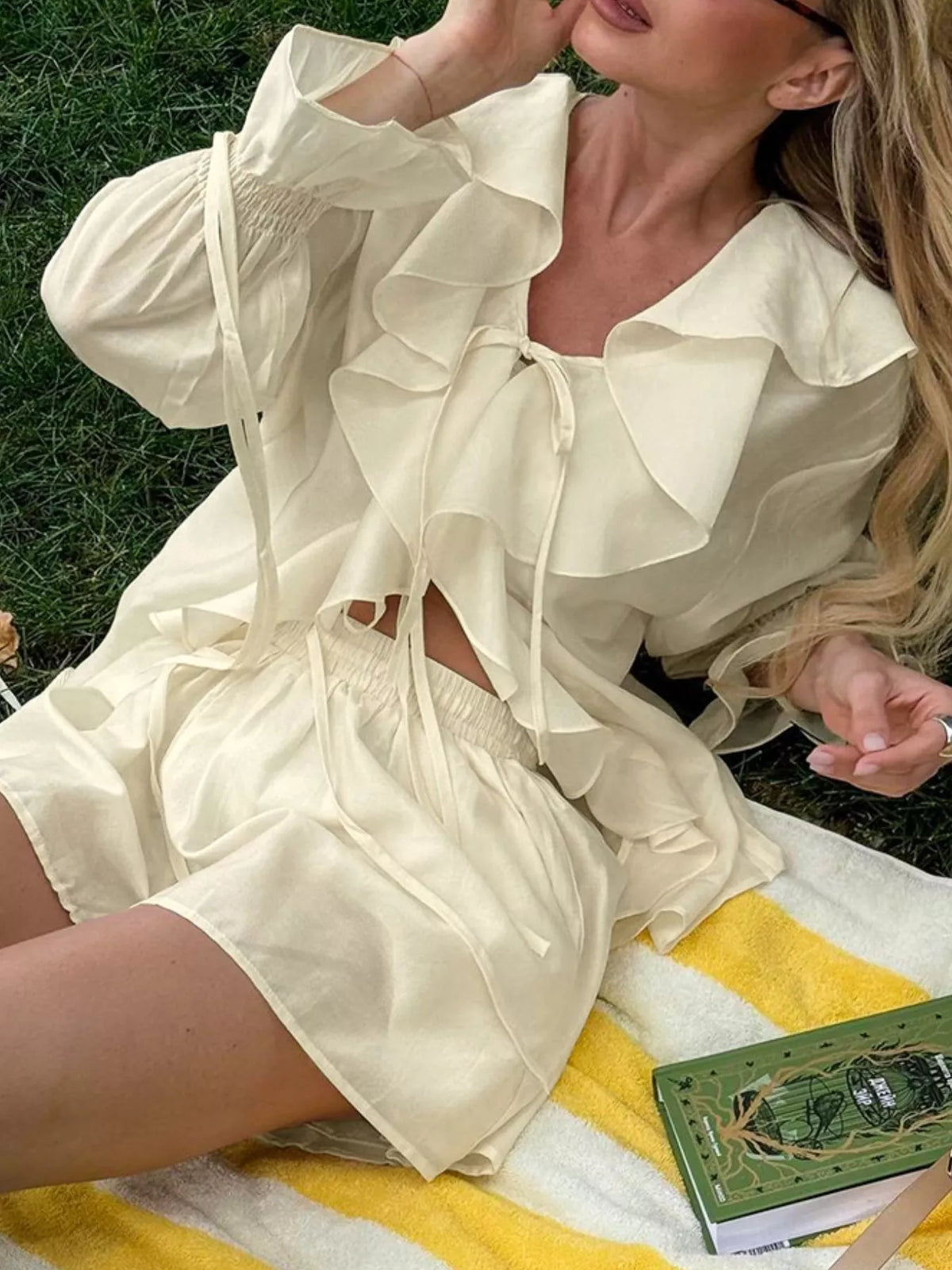Ruffled Tie Front Blouse and Shorts Set, view 2