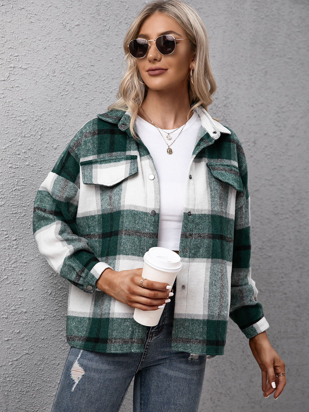 Ivy Lane Plaid Long Sleeve Shirt Jacket in Dark Green