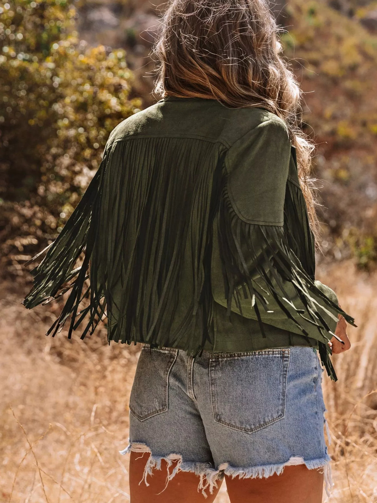 Cropped Fringe Faux Suede Jacket in Army Green, view 4