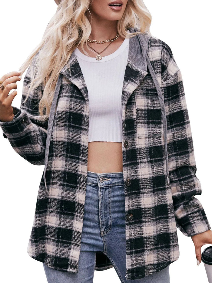 Oversized Plaid Button Up Shacket in Black