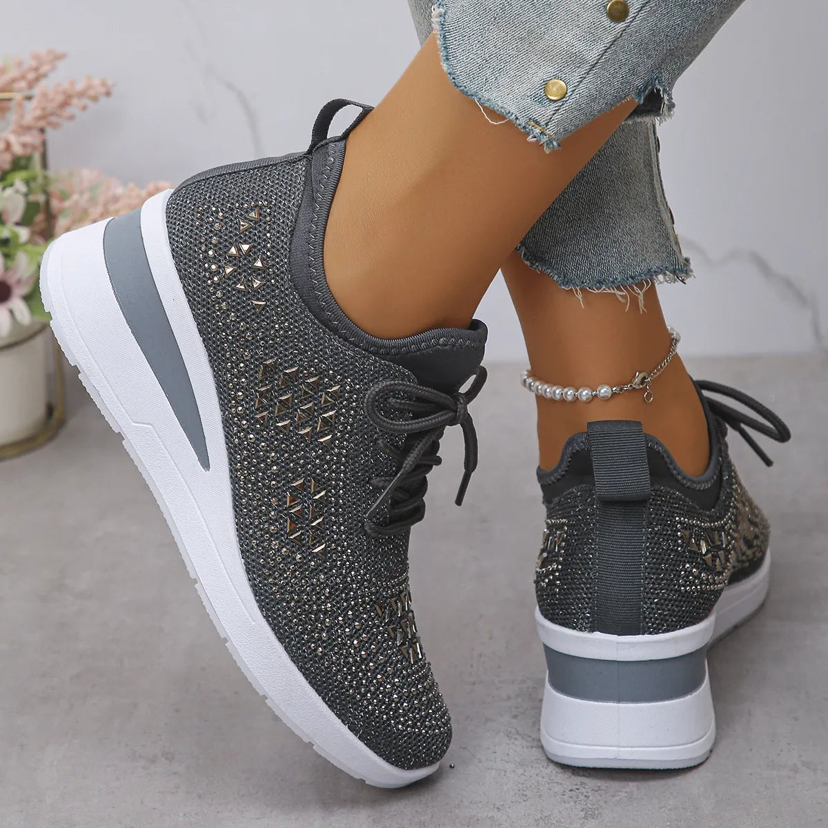 Breathable Mesh Rhinestone Wedge Athletic Sneakers - Lilixa.store