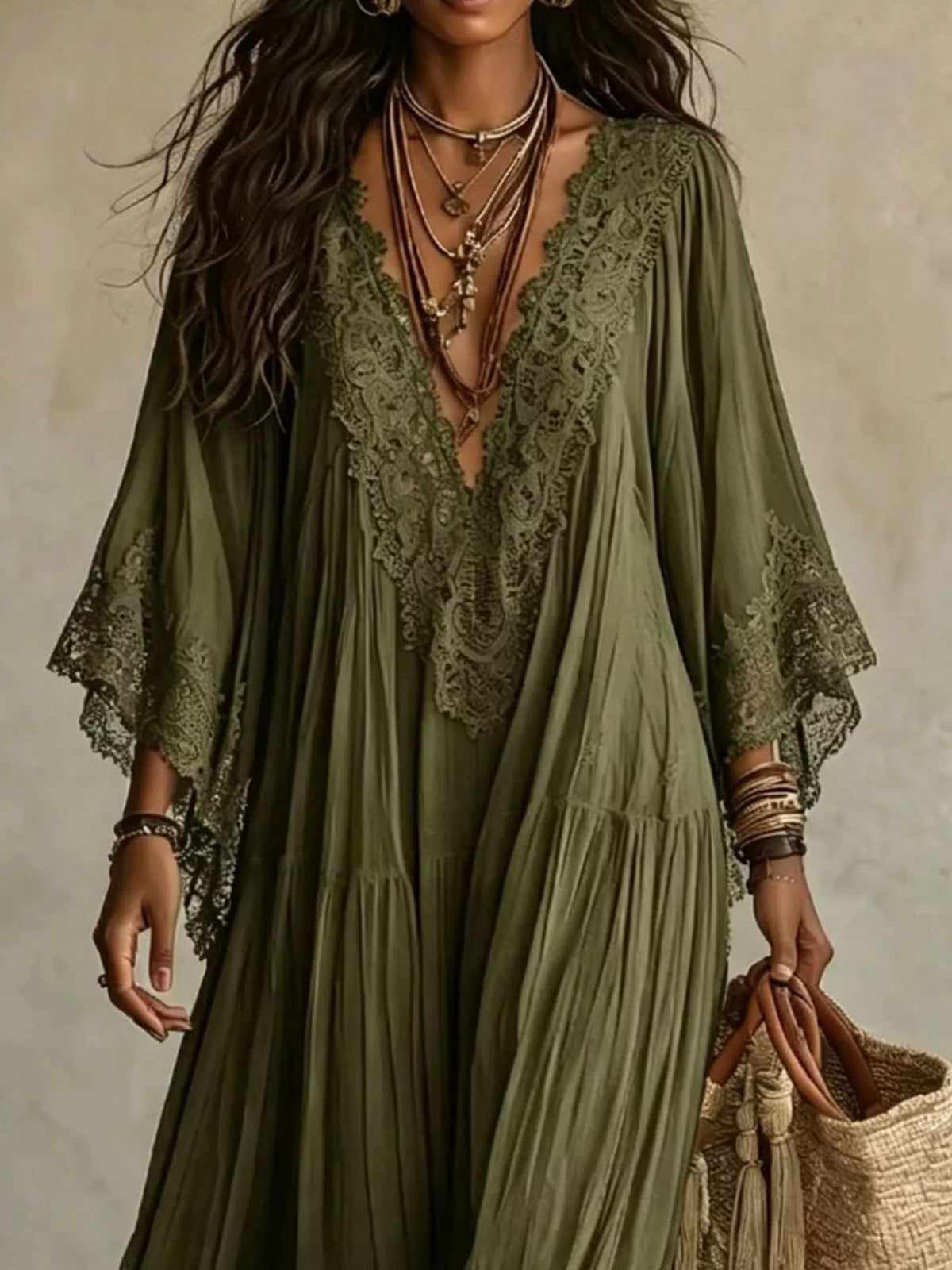Lace Trim V-Neck Maxi Dress - Lilixa.store