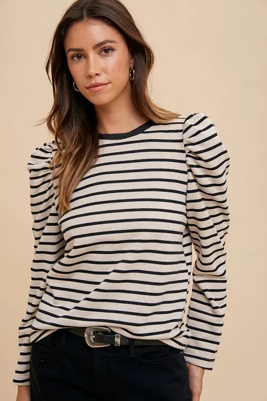 Annie Wear Striped Round Neck Puff Sleeve French Terry Top - Lilixa.store