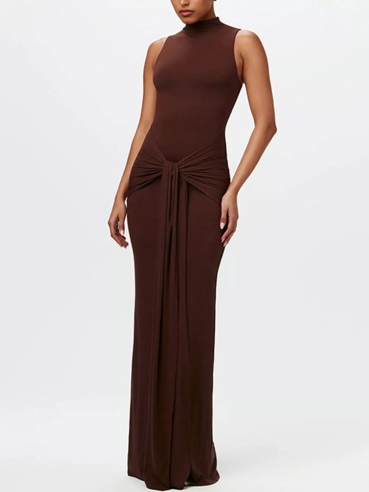 Sleeveless Mock Neck Knot Front Maxi Dress - Lilixa.store