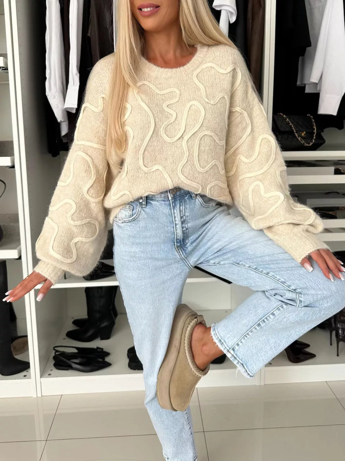 Abstract Pattern Oversized Round Neck Sweater in Apricot