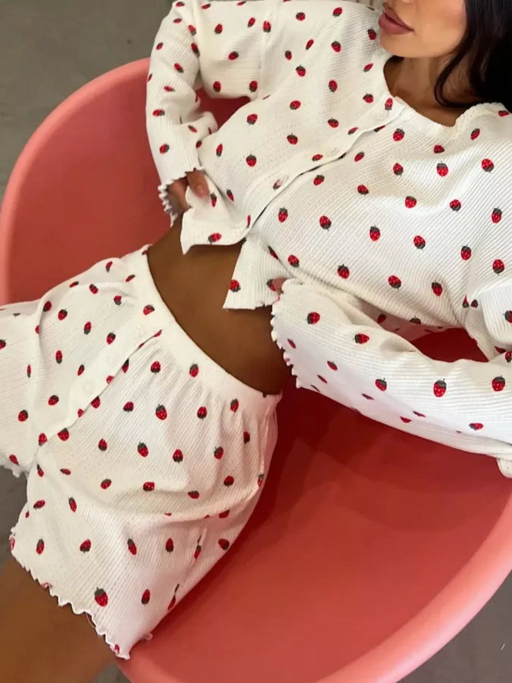 Strawberry Print Button-Down Top and Shorts Lounge Set - Lilixa.store