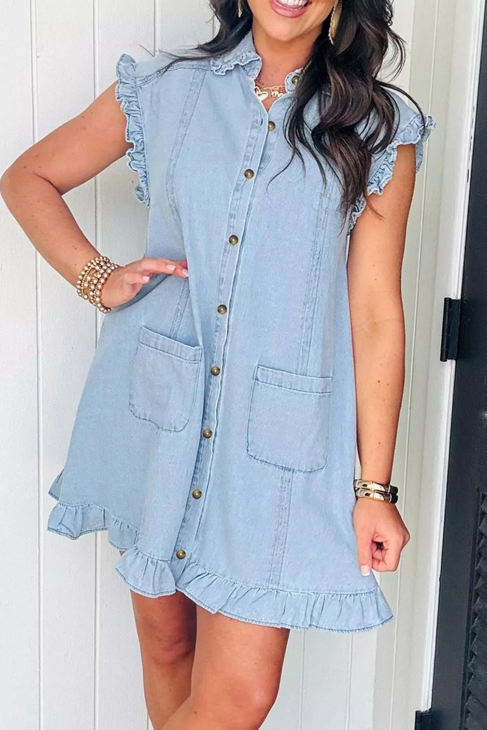 Ruffled Edge Collared Shift Denim Dress with Pockets - Lilixa.store