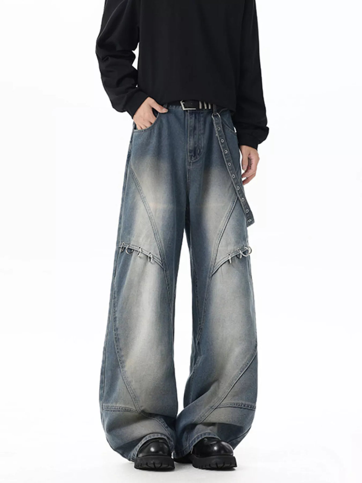 Men's Full Size Wide-Leg Denim Jeans with Metal Ring Plus Size - Lilixa.store