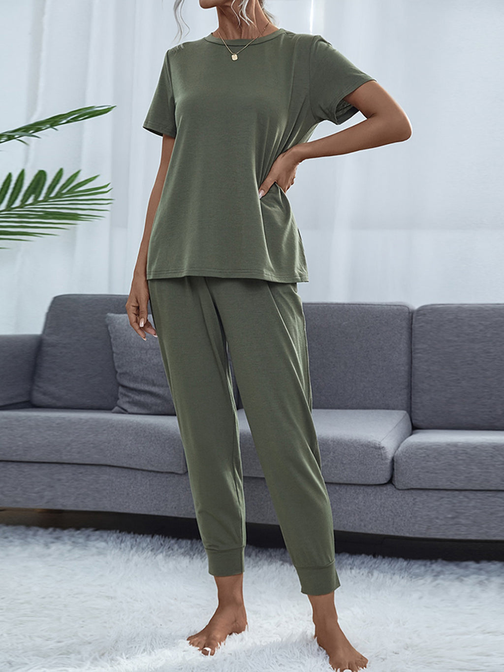 Shiny Round Neck Short Sleeve Top and Pants Set - Lilixa.store
