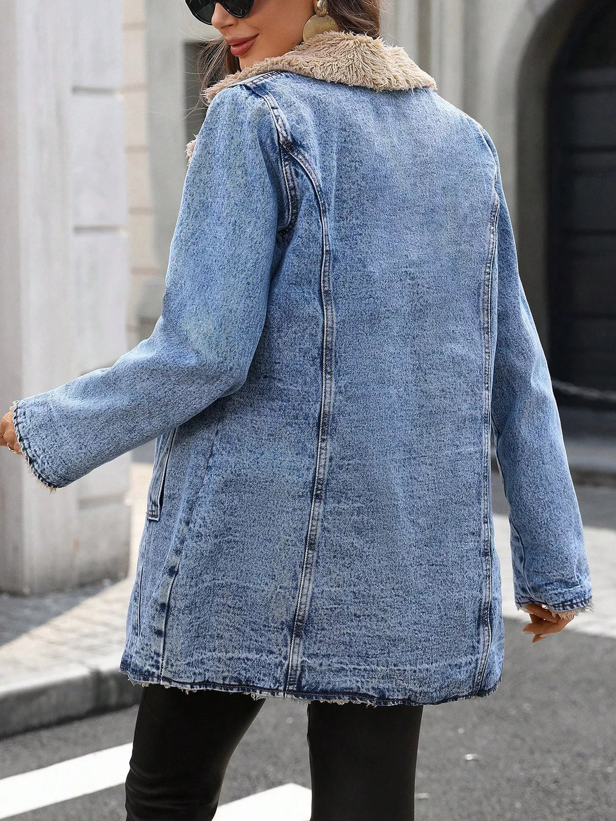 Vintage Acid Wash Sherpa-Lined Denim Jacket in Blue, view 6