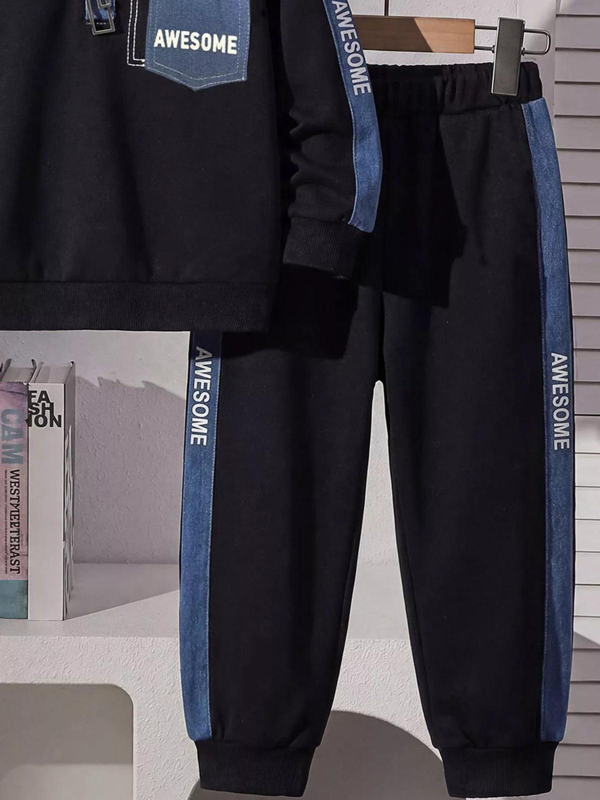 Children's Contrast Polo Shirt and Joggers Set in Black, view 3