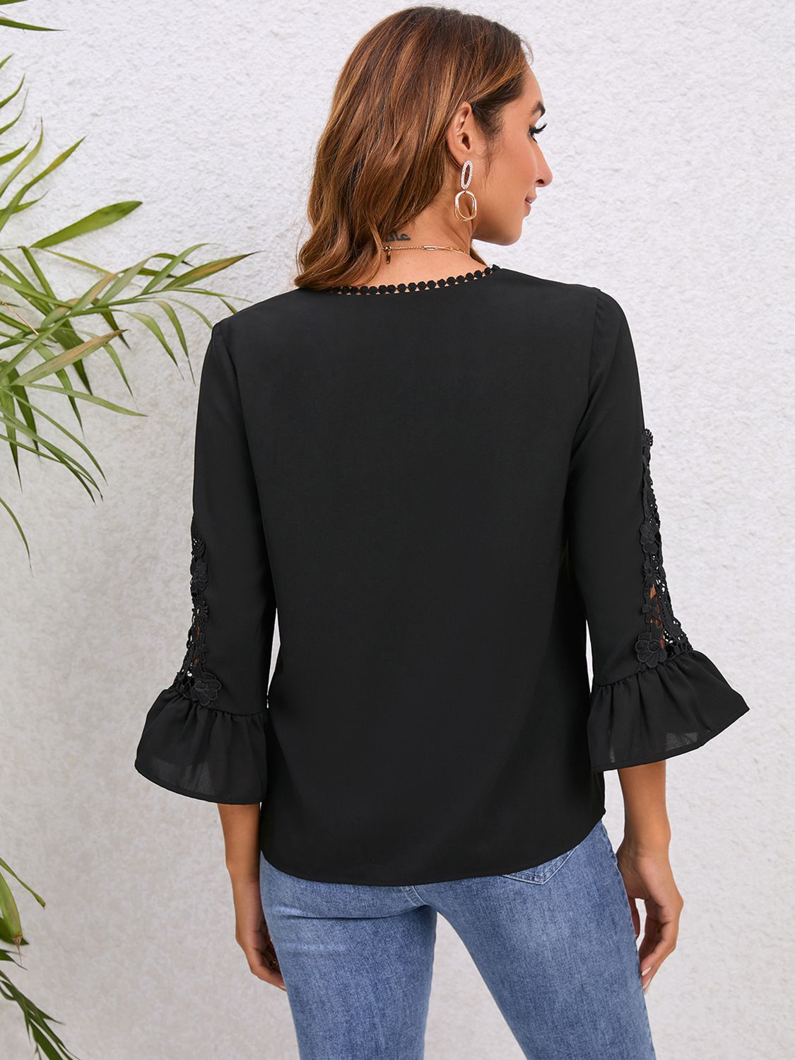 V-Neck Lace Detail Flounce Sleeve Blouse in Black, view 2