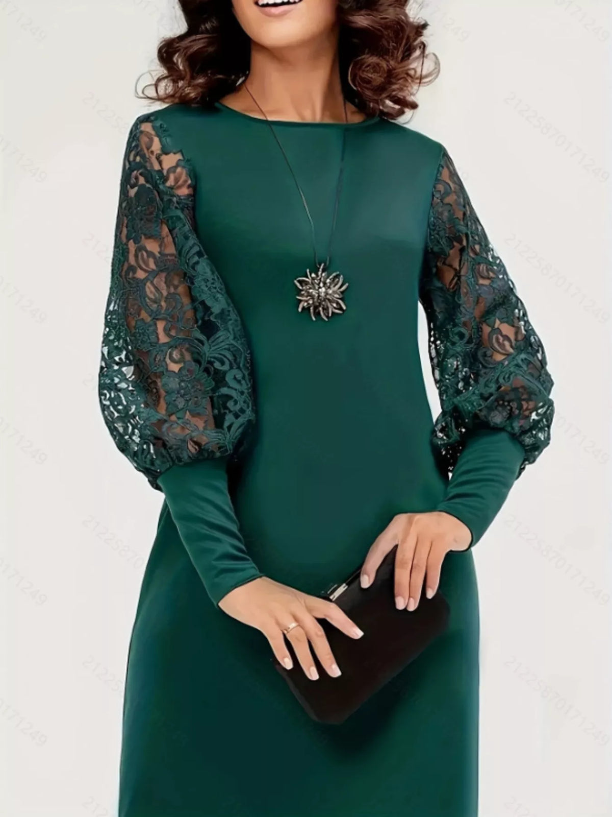 Lace Lantern Sleeve Dress in Dark Green