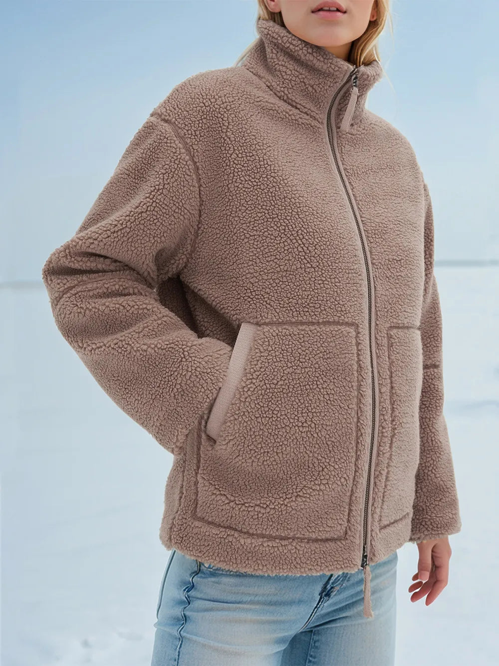 Turtleneck Zip Up Long Sleeve Plush Jacket in Mocha