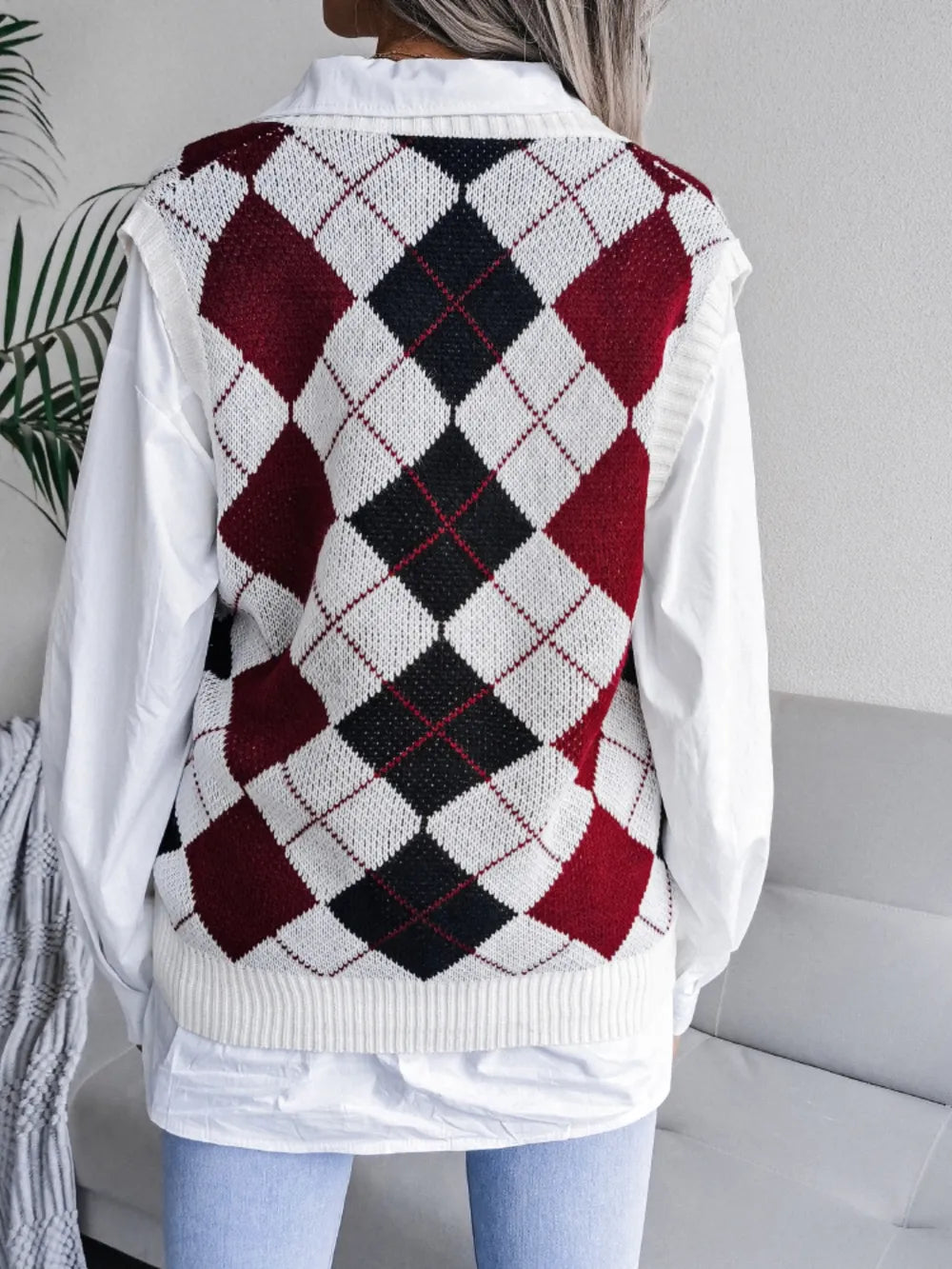 Plaid V-Neck Sweater Vest - Lilixa.store