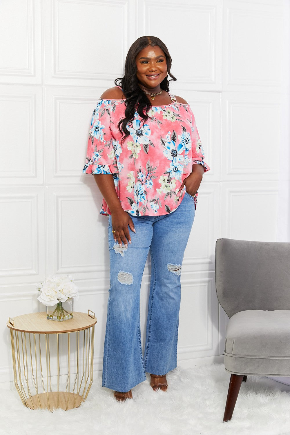 Sew In Love Full Size Fresh Take Floral Cold-Shoulder Top in Hot Pink, view 4