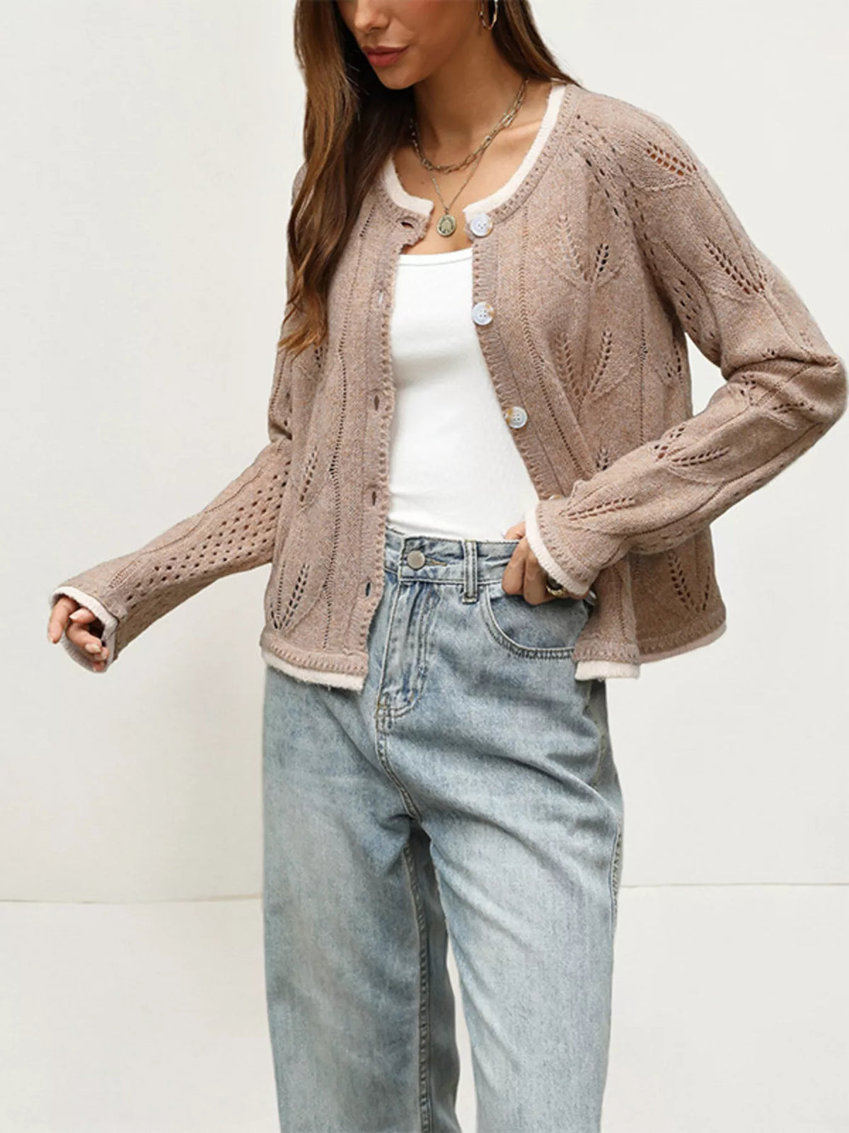 Hollow-Out Knit Button-Down Cardigan - Lilixa.store