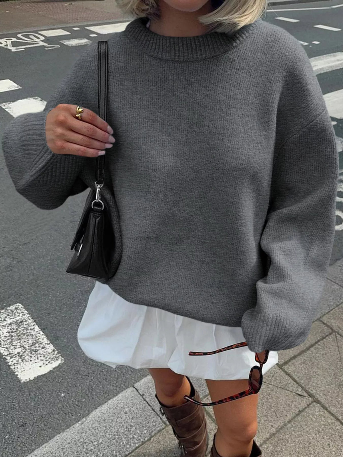Ribbed Round Neck Dropped Shoulder Sweater - Lilixa.store