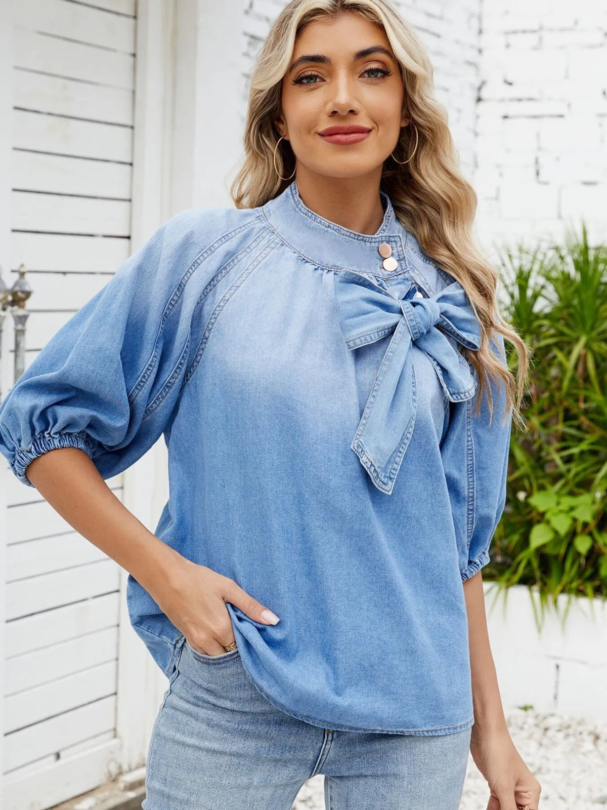 Denim Bow Tie Puff Sleeve Top - Lilixa.store