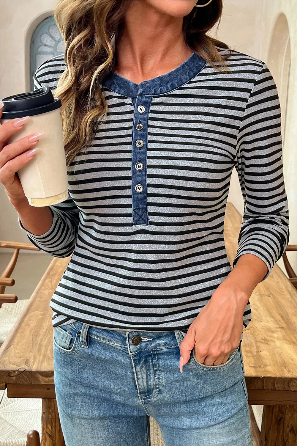 Stripe Denim Contrast Collar Half Button Long Sleeve Top - Lilixa.store