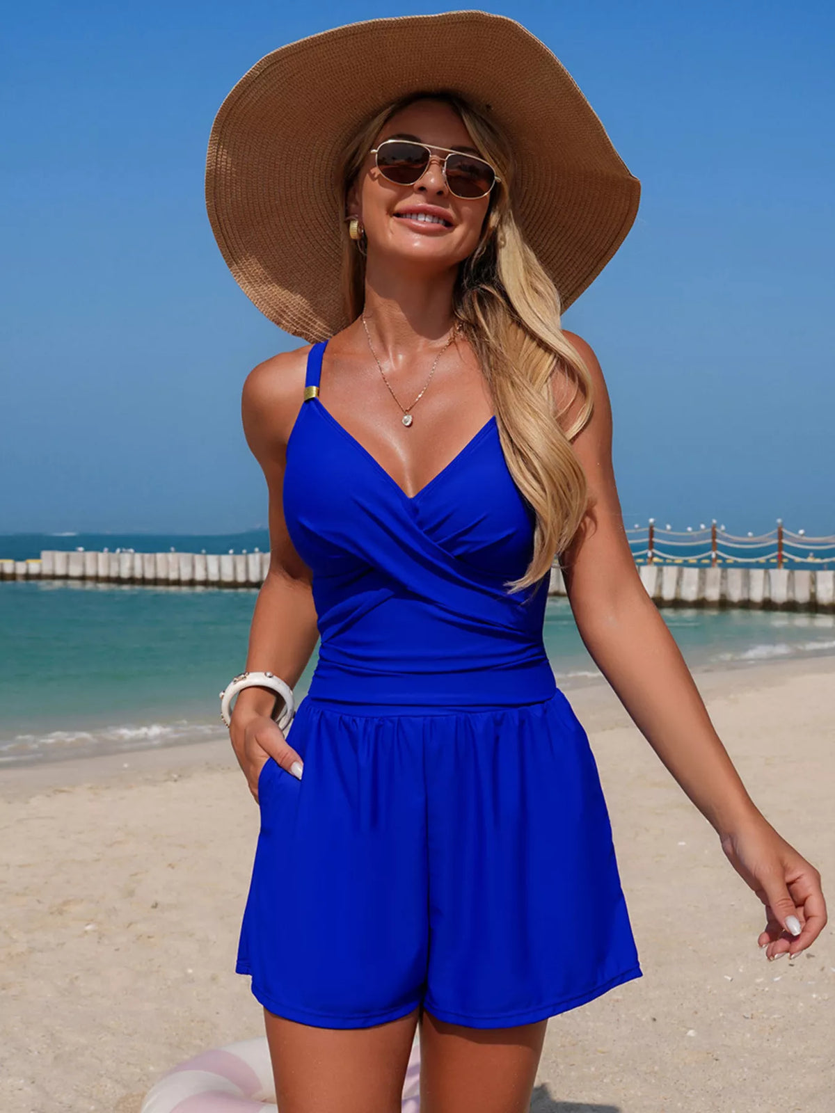 V-Neck Spaghetti Strap One-Piece Swimsuit - Lilixa.store