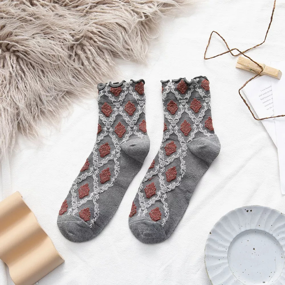 Vintage Argyle Pattern Crew Socks in Gray