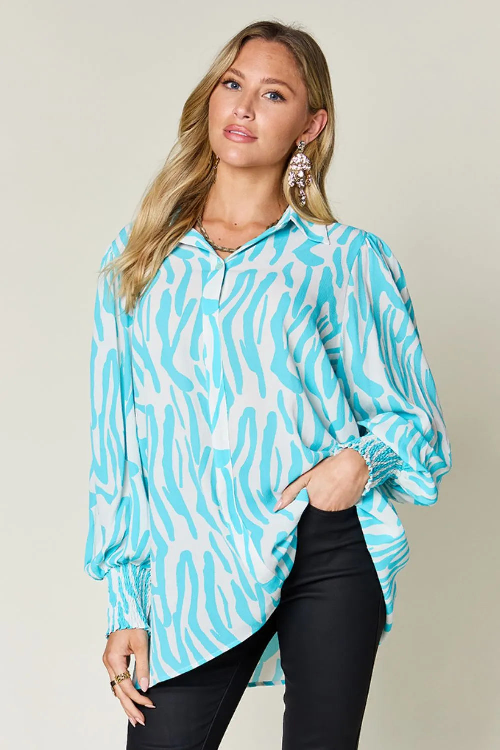 Double Take Full Size Printed Smocked Long Sleeve Blouse Plus Size - Lilixa.store