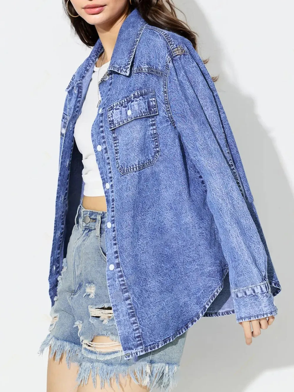Curved Hem Collared Neck Denim Top - Lilixa.store