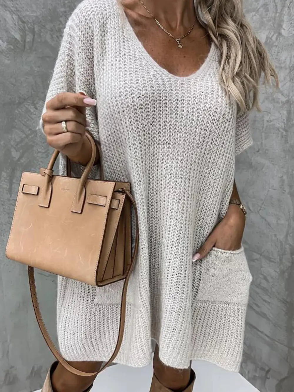 V-Neck Short Sleeve Sweater with Pockets, view 5