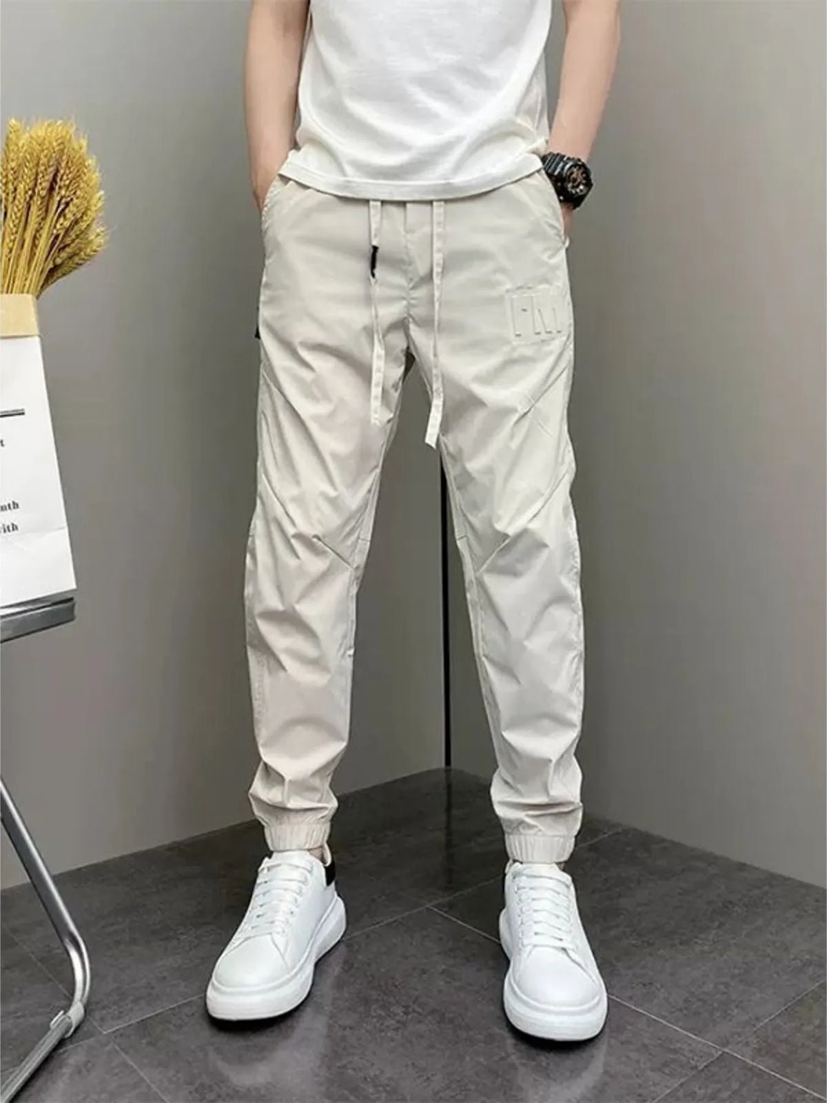 Men's Plus Size Casual Drawstring Ankle-Cuffed Pants in Beige