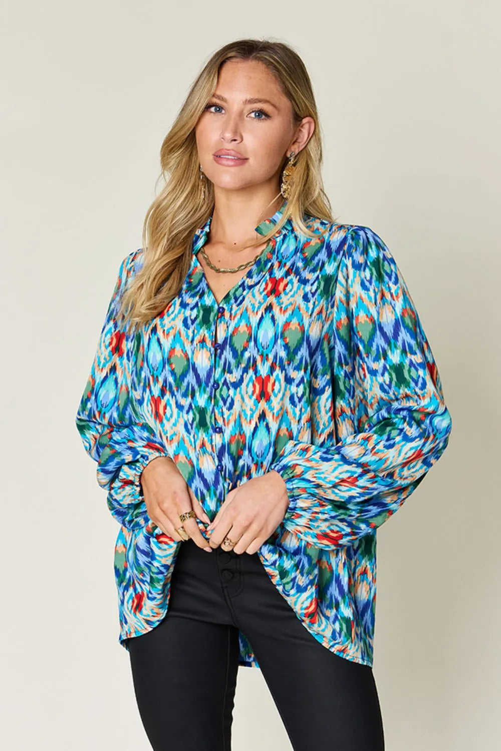 Double Take Full Size Printed Balloon Sleeve Blouse - Lilixa.store