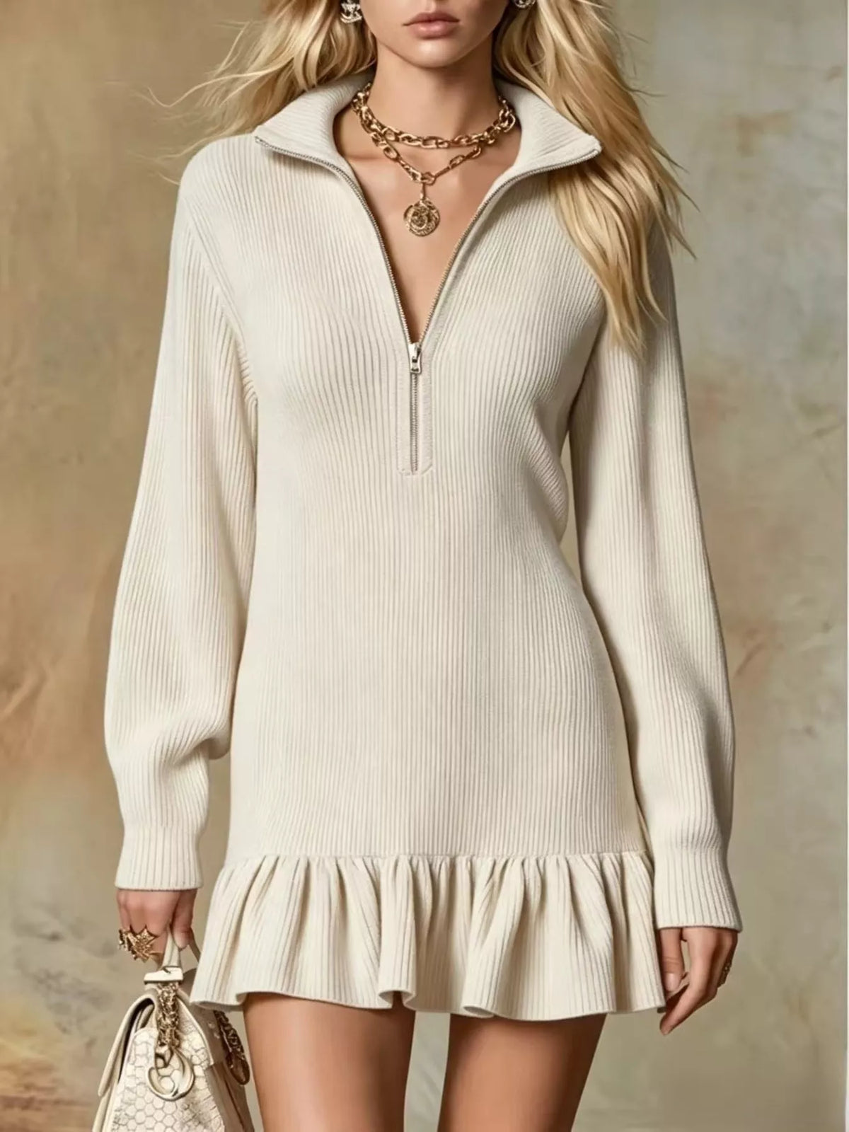 Ruffle Hem Half Zip Dress - Lilixa.store