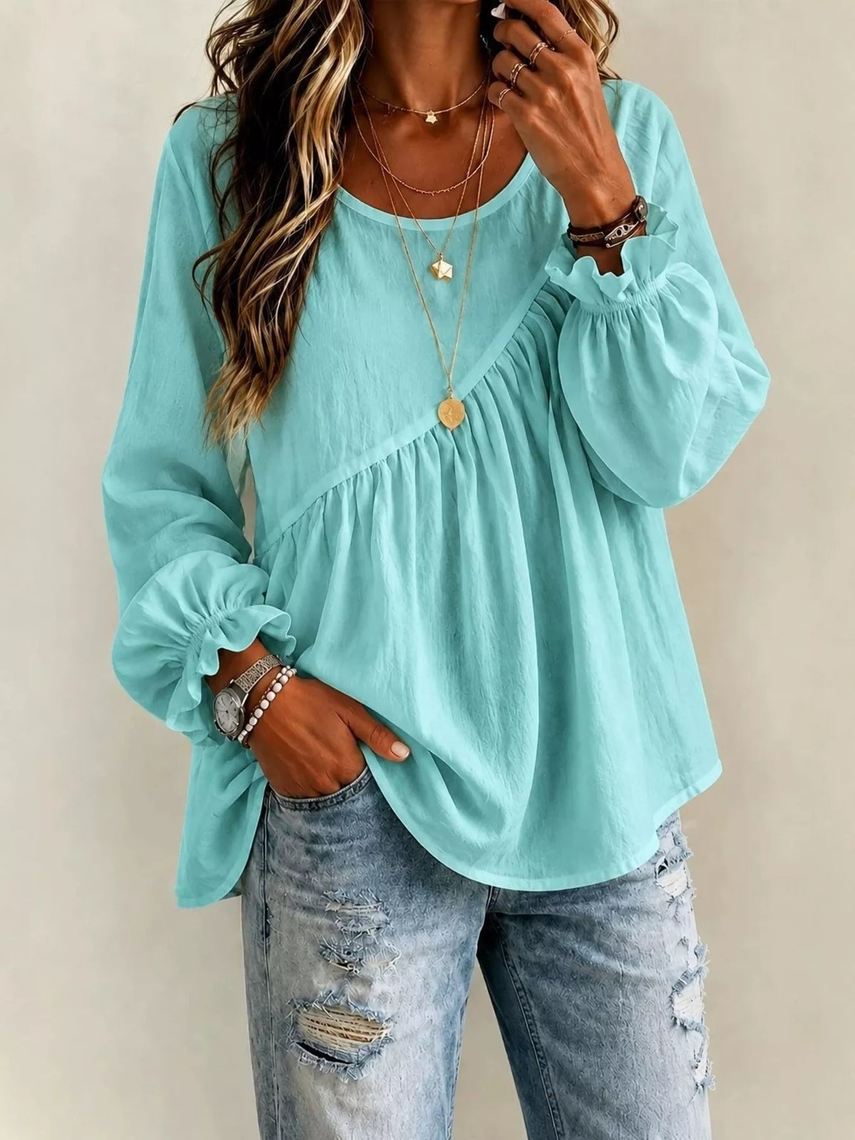Long Sleeve Blouse with Asymmetric Pleated Detail - Lilixa.store