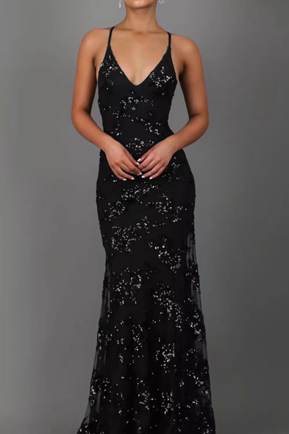 Full Size Sequin Tie Back V-Neck Maxi Dress Plus Size - Lilixa.store