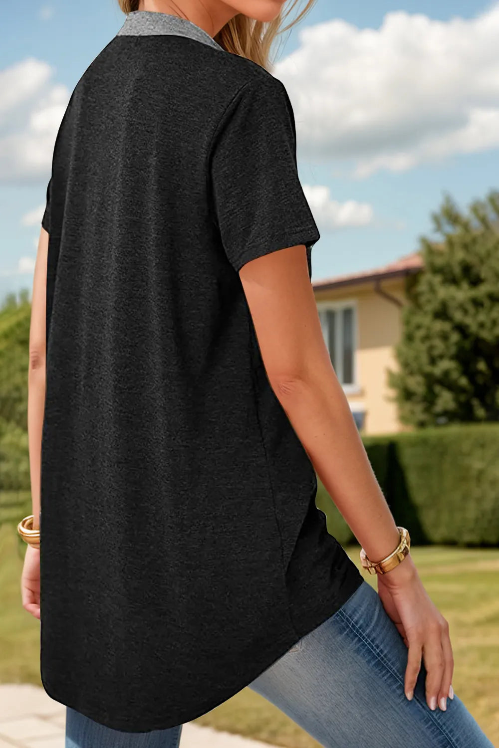 Full Size Half Button Short Sleeve T-Shirt - Lilixa.store
