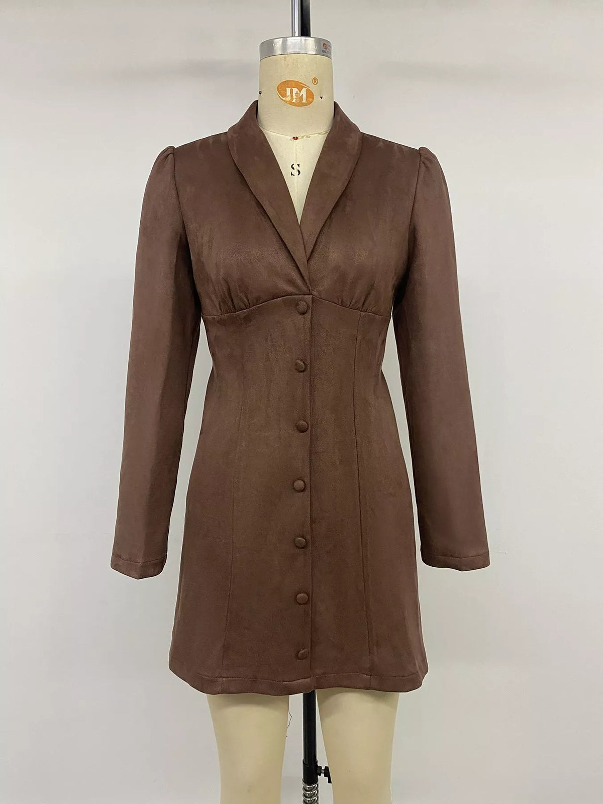 Button-Front Long Sleeve Blazer Dress in Coffee Brown, view 6